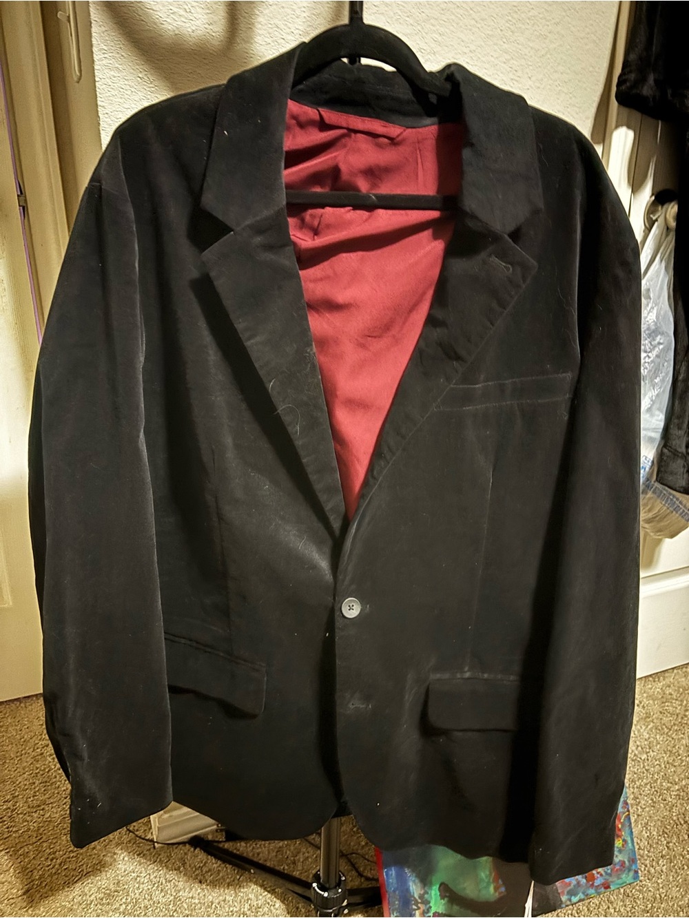 Velvet Men's Black Sport Coat with Burgundy Lining